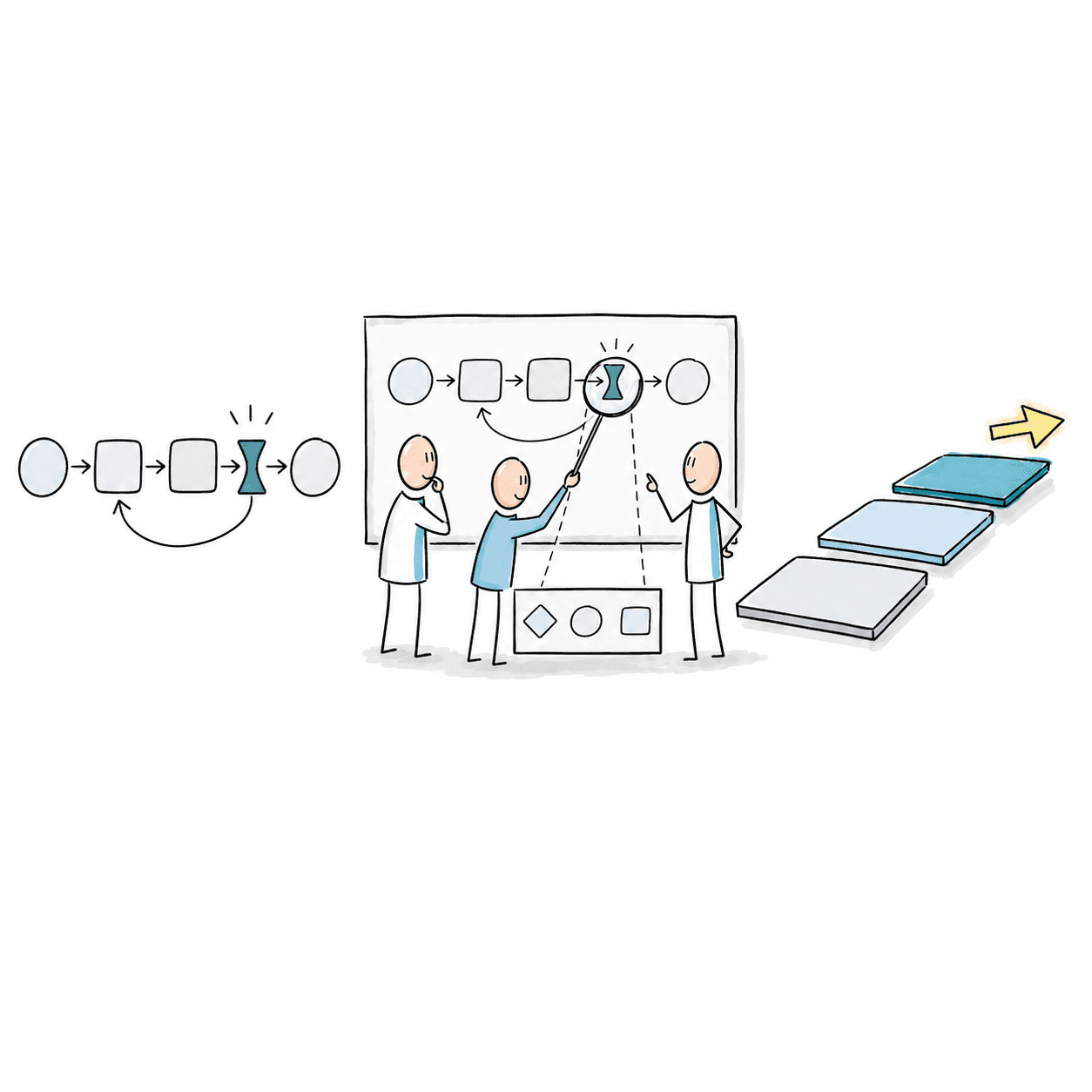 Gezeichnetes Team analysiert einen Prozessengpass und leitet priorisierte Schritte sowie eine Roadmap ab