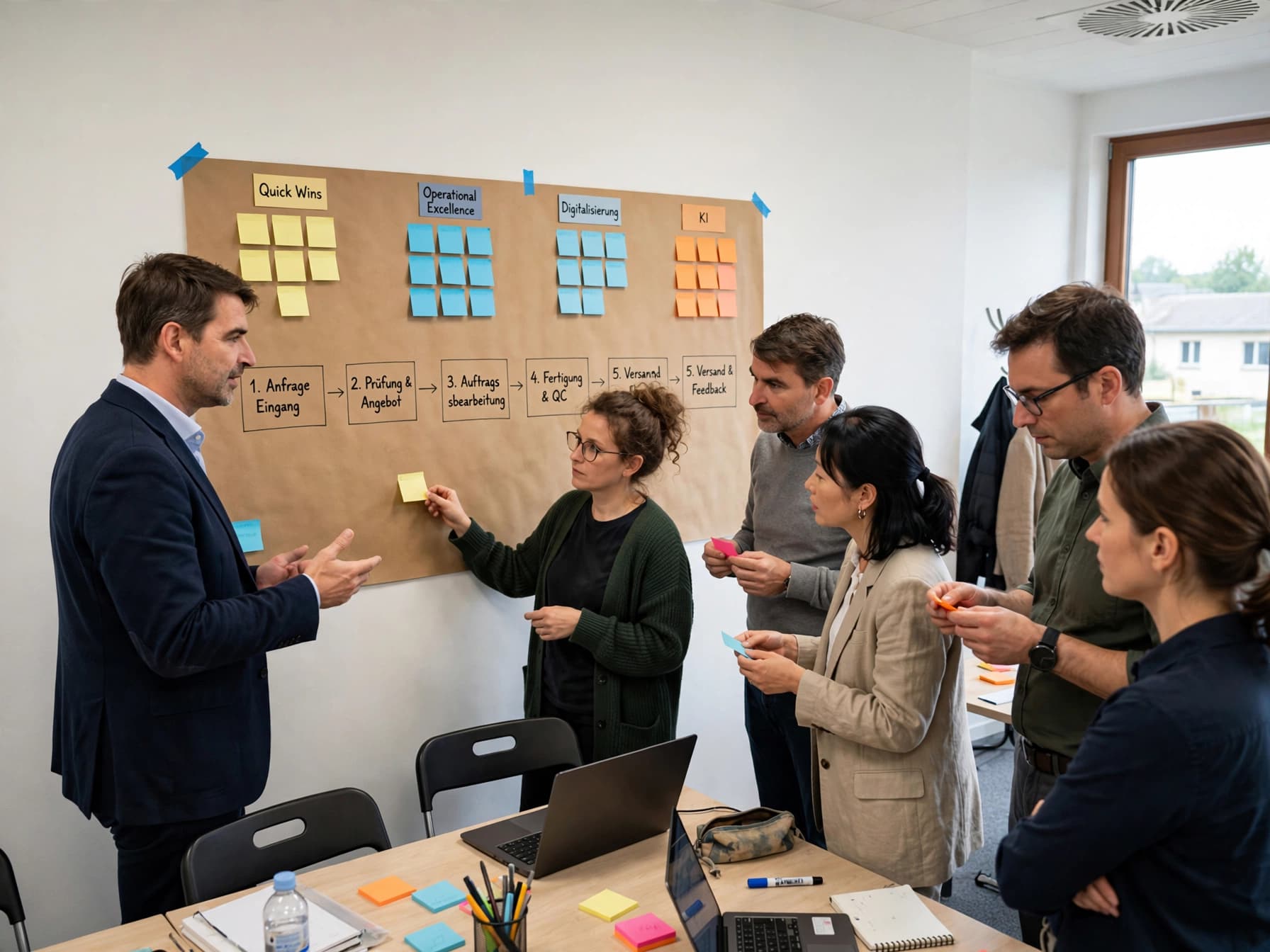 Szenische Darstellung einer Workshopgruppe, die Prozess-, Digitalisierungs- und KI-Potenziale an einem Prozessboard priorisiert